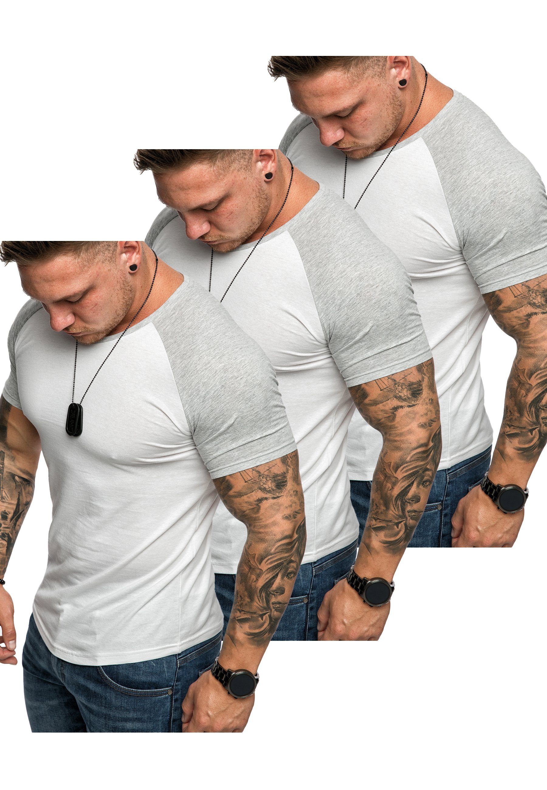 Amaci&Sons T-Shirt 3. OMAHA 3er-Pack T-Shirts (3er-Pack) Herren Basic Oversize Kontrast Raglan T-Shirt (3x Weiß/Grau)