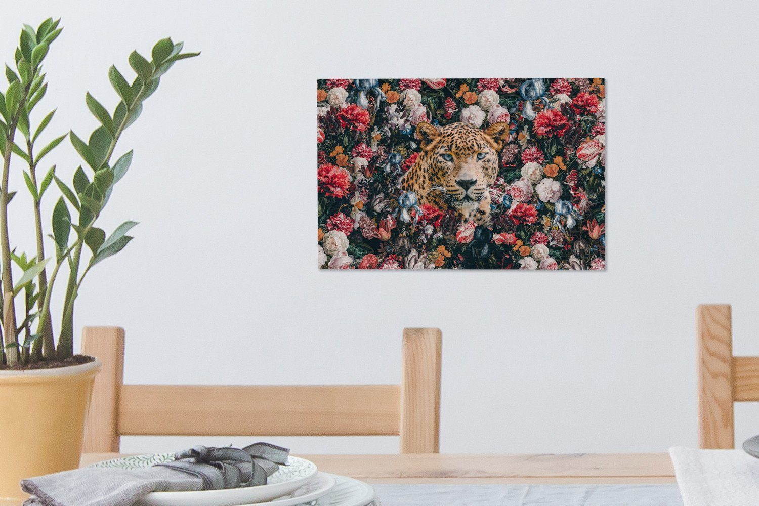 OneMillionCanvasses® Leinwandbild Leopard Wandbild St), Tiere, Blumen - cm 30x20 Wanddeko, Aufhängefertig, - Leinwandbilder, (1