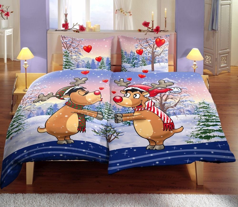 Bettwäsche 4 tlg. Partnerbettwäsche Partner Winter Постільна білизна Thermo Fleece Flausch Thermofleece Winterlandschaft 135x200 cm Rentiere Tannenbaum EDELINE Blau Herz Schnee Weihnachten 4 teilig, Leonado Vicenti, Fleece, 4 teilig, mit romantischen Elchen für Weihnachten