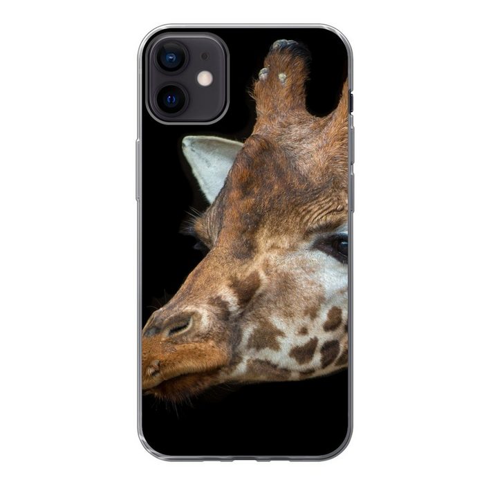 MuchoWow Handyhülle Porträt einer Giraffe auf schwarzem Hintergrund Handyhülle Apple iPhone 12 Mini Smartphone-Bumper Print Handy