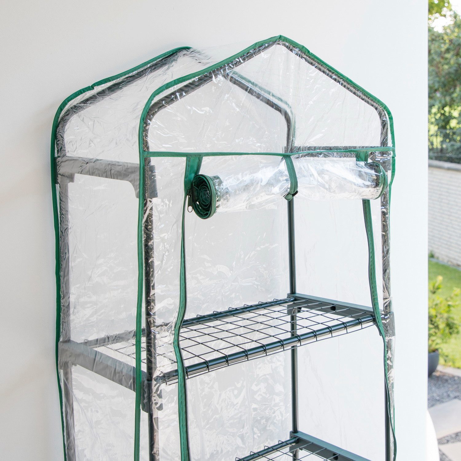 Haushalt International Foliengewächshaus Gewächshaus 59x31x 60 cm Tomatenhaus mit 4 Ebenen, 2 Reißverschlüsse und aufrollbare Tür