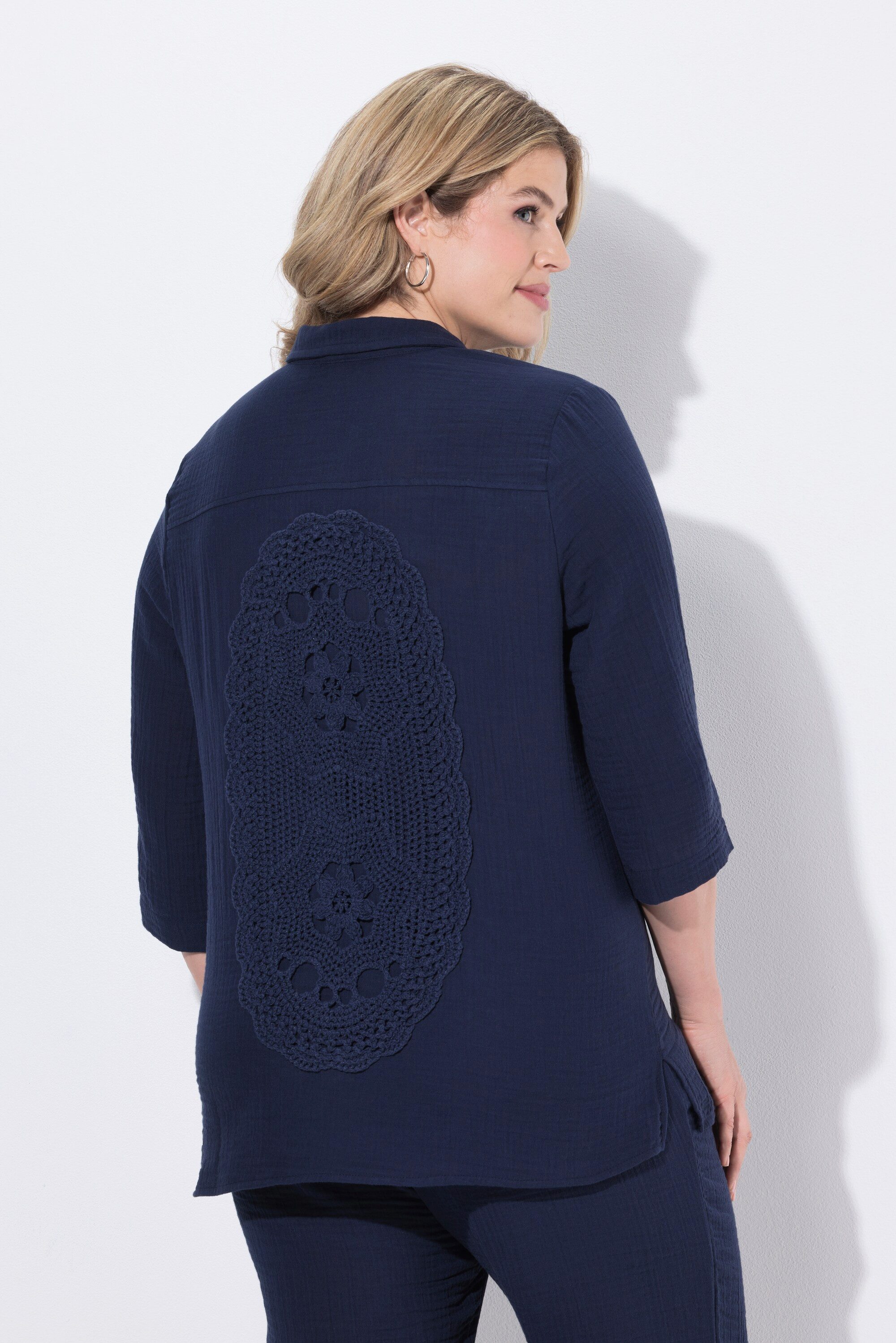 Ulla Popken Hemdbluse Musselinbluse Stehkragen 3/4-Arm Biobaumwolle