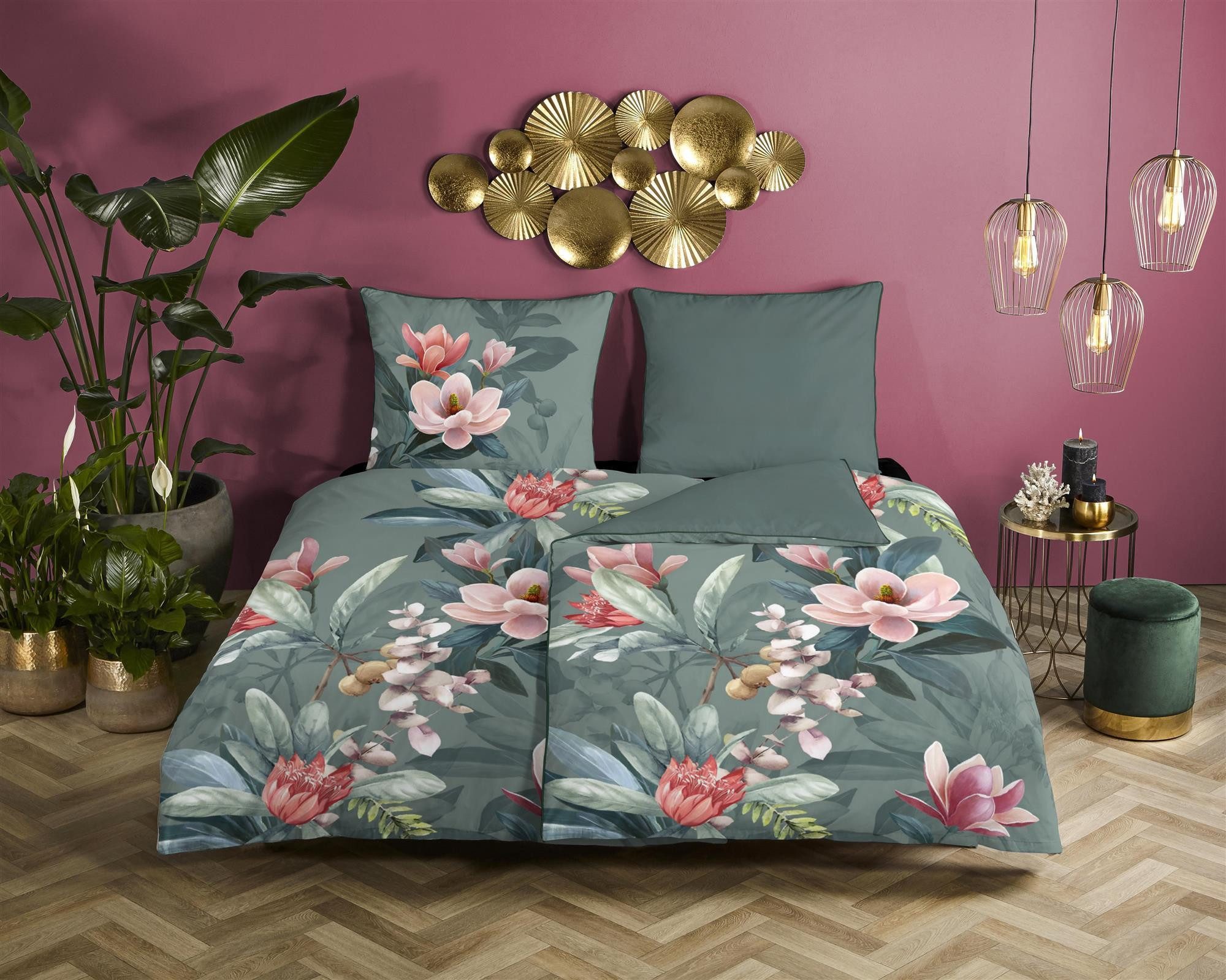 Descanso Bettwäsche Mako Satin Bettwäsche 135 X 200 cm + 1 x 80 X 80 cm Parler grün, Bettbezug Kopfkissenbezug Set kuschelig weich hochwertig