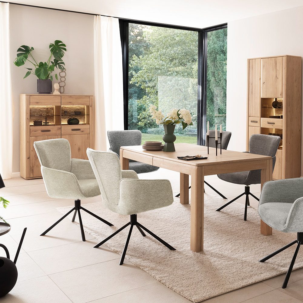 Lomadox Esszimmer-Set ANCONA-05, (Spar-Set, 3-St., Highboard Vitrine Esstisch), mit ausziehbarem Tisch (160-260cm), Eiche teilmassiv, LED-Beleuchtung