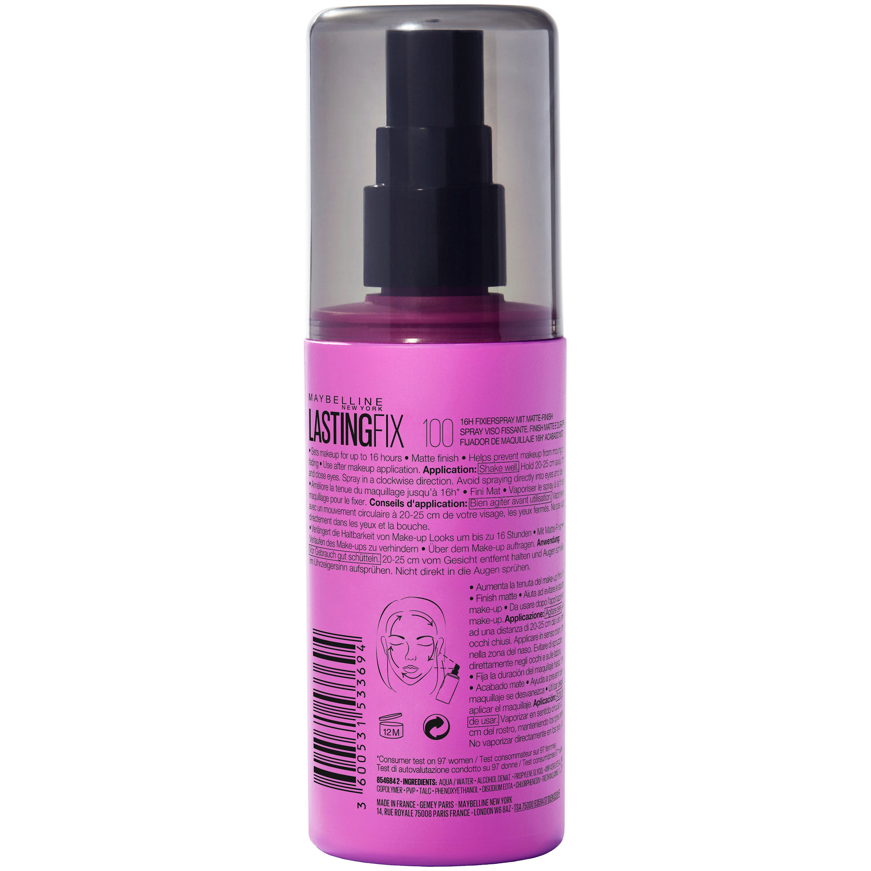 MAYBELLINE NEW YORK Fixierspray FACESTUDIO LASTING FIX MAKEUP SPRAY, fixiere deinen matten Make-up-Look bis zu 16 Stunden.