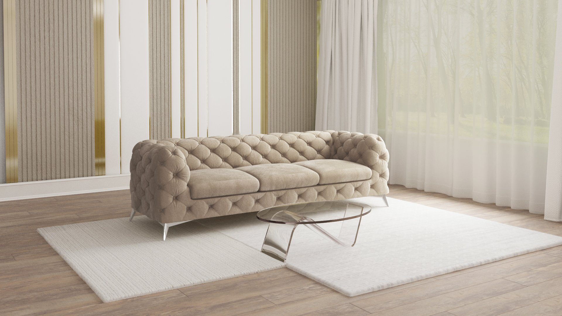 Chesterfield Silber mit Dunkle mit Creme 3-Sitzer Füßen, Wellenfederung Kalina Sofa S-Style Metall Möbel