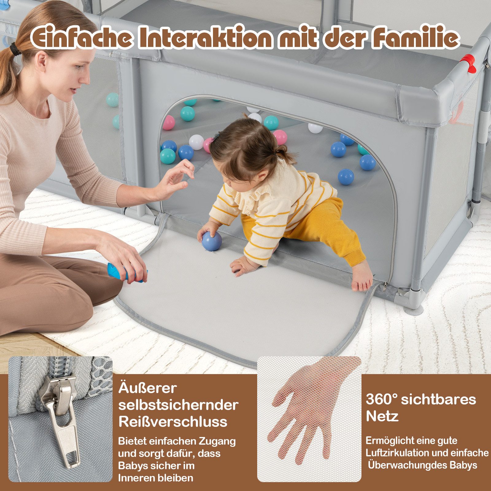 COSTWAY Laufstall Baby Laufgitter, Faltbar, mit Basketballkorb, Tragetasche, 50 Ozeanbällen – Bild 3 von 5