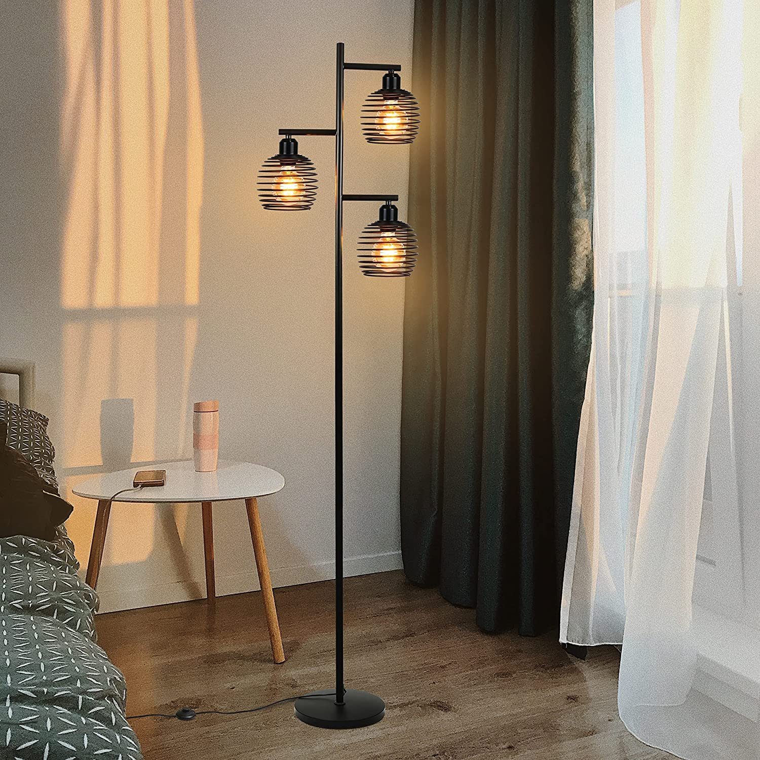 Standleuchte, Stehlampe Sofa Vintage ohne Schlafzimmer Nettlife Fußschalter, mit Schwarz Wohnzimmer Standlampe 3 E27 Arbeitszimmer für Flammig Stehleuchte Leuchtmittel,