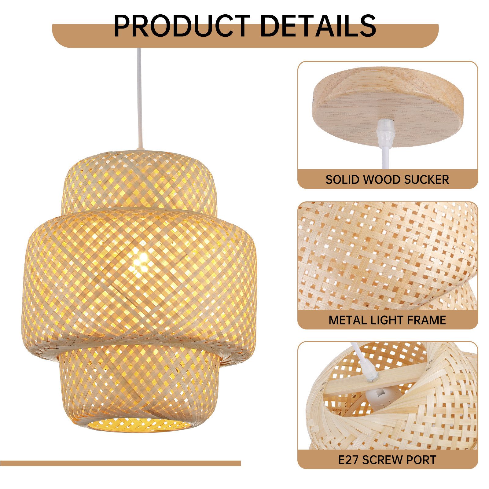 JDONG Pendelleuchte 30CM Pendelleuchte Boho lampe Lampenschirm Bambus E27, ohne Leuchtmittel, Rustic, Handgeflochtene Vintage schlafzimmerlampe,Beige, Beleuchtung Dekoration, für Wohnzimmer,Schlafzimmer,Küche,Esszimmer