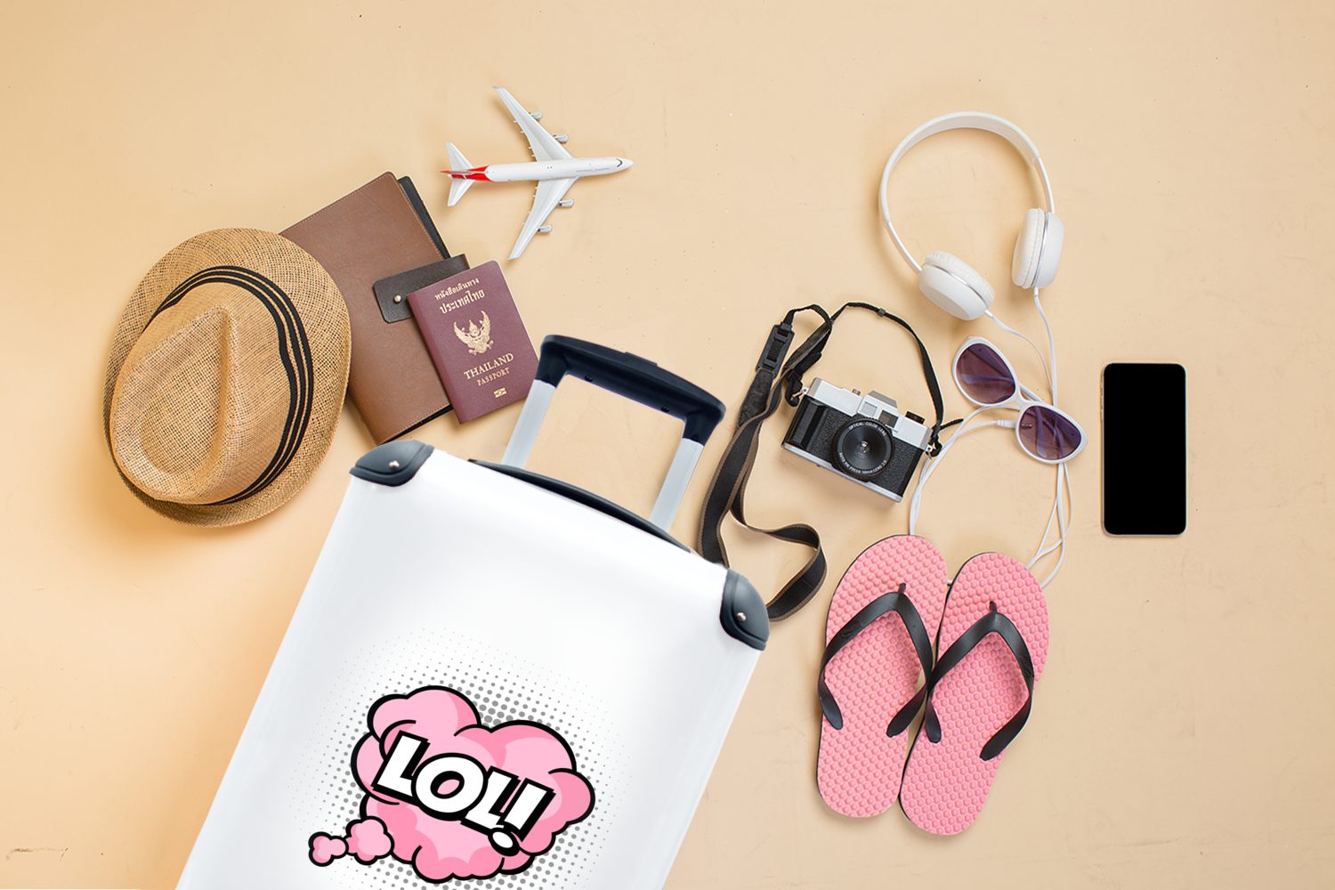 MuchoWow Handgepäckkoffer Cartoon-Zitat mit auf Handgepäck Ferien, rosa 4 Trolley, Reisekoffer Denkwolke, einer Reisetasche "LOL!" Rollen, rollen, für