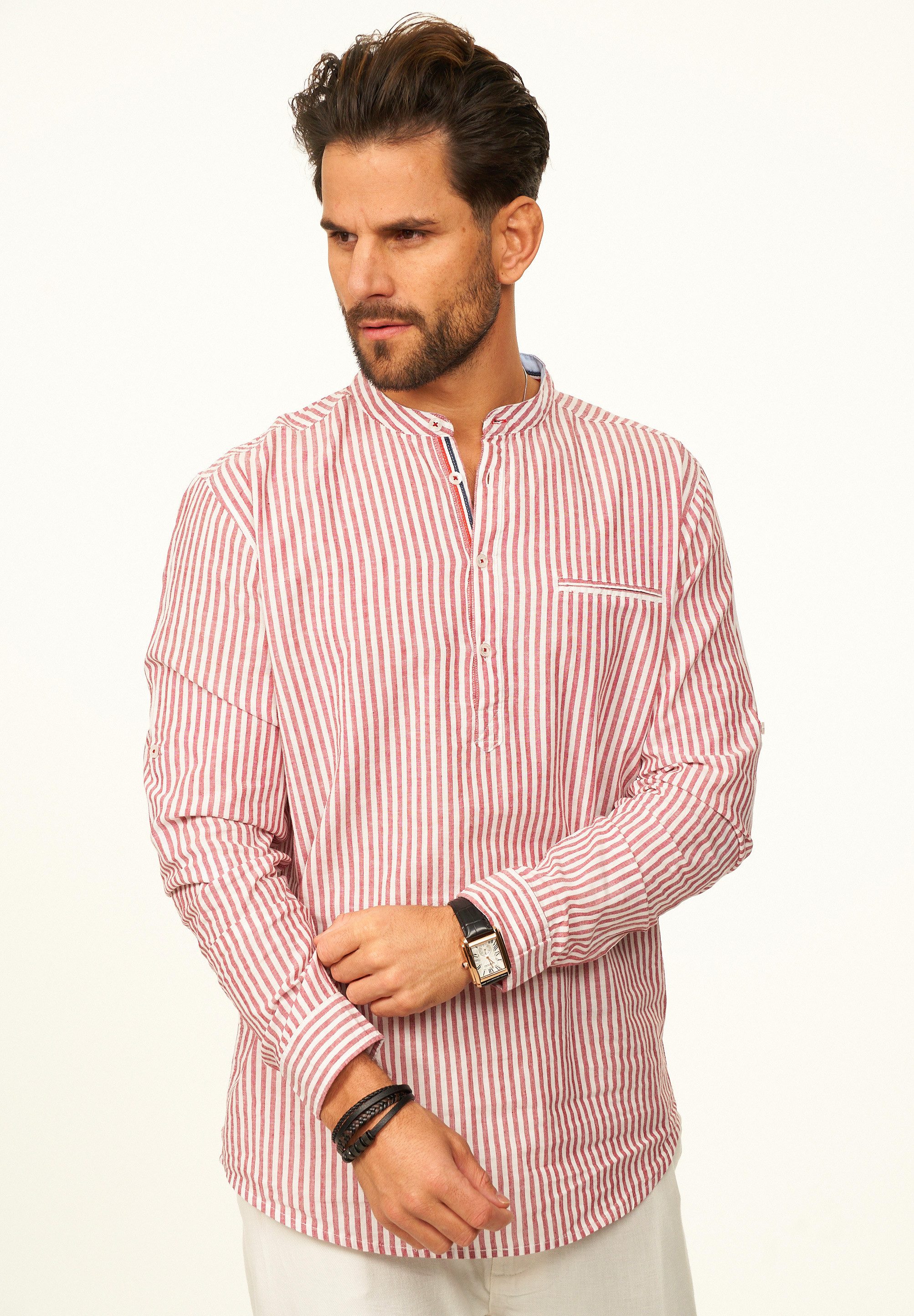 behype Langarmhemd Gestreift im Regular-Fit mit Henley-Stehkragen Herren Sommerhemd als Freizeithemd