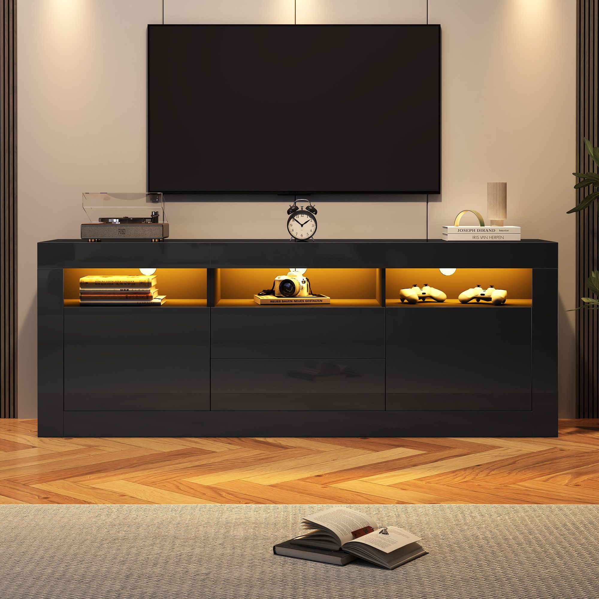 MODFU Lowboard TV-Board, Fernsehtisch (TV-Ständer für 70-Zoll-Fernseher, 3 offenen Fächern, 2 Türen, 2 Schubladen), mit LED-Beleuchtung