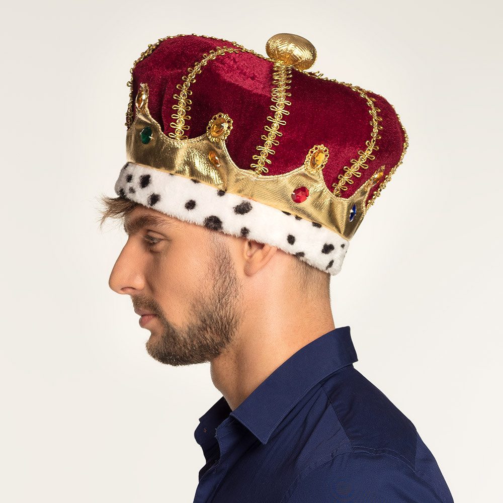 Boland König-Kostüm Hut Majestät Königskrone aus Plüsch in Rot-Gold für Karneval Fasching, mit goldfarbenen Applikationen, Fell & bunten Schmucksteinen verziert
