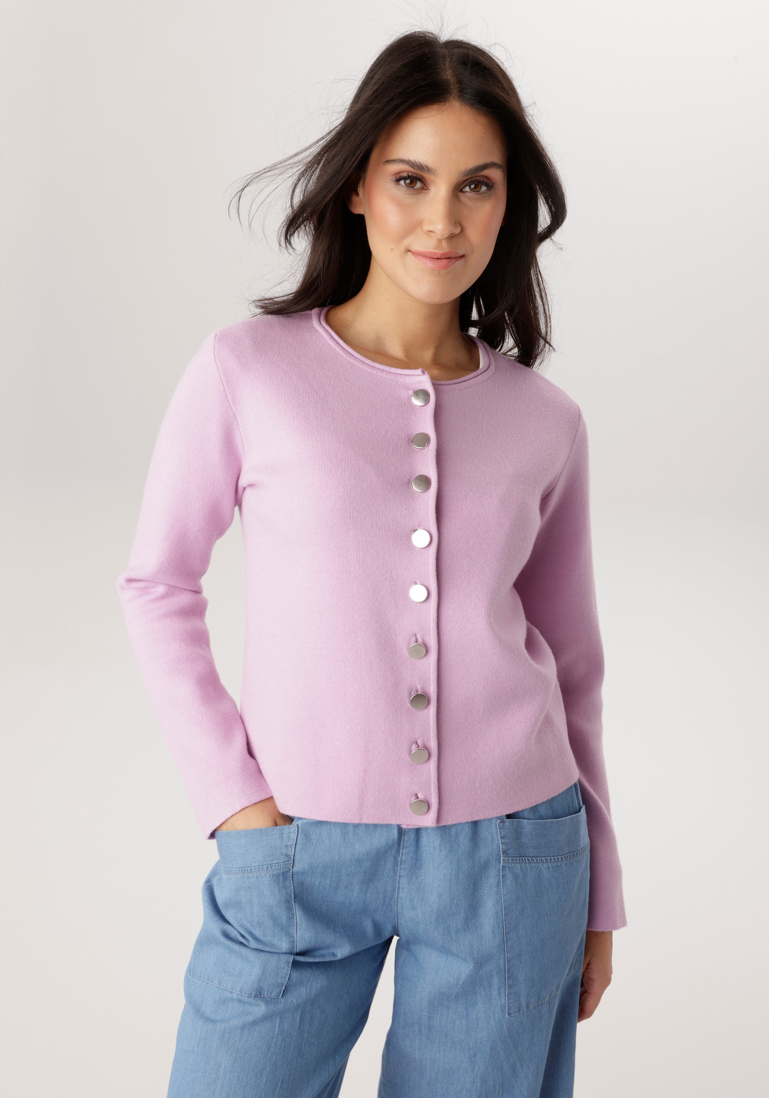 Aniston SELECTED Strickjacke mit Rollkante am Ausschnitt und schmucken Knöp günstig online kaufen