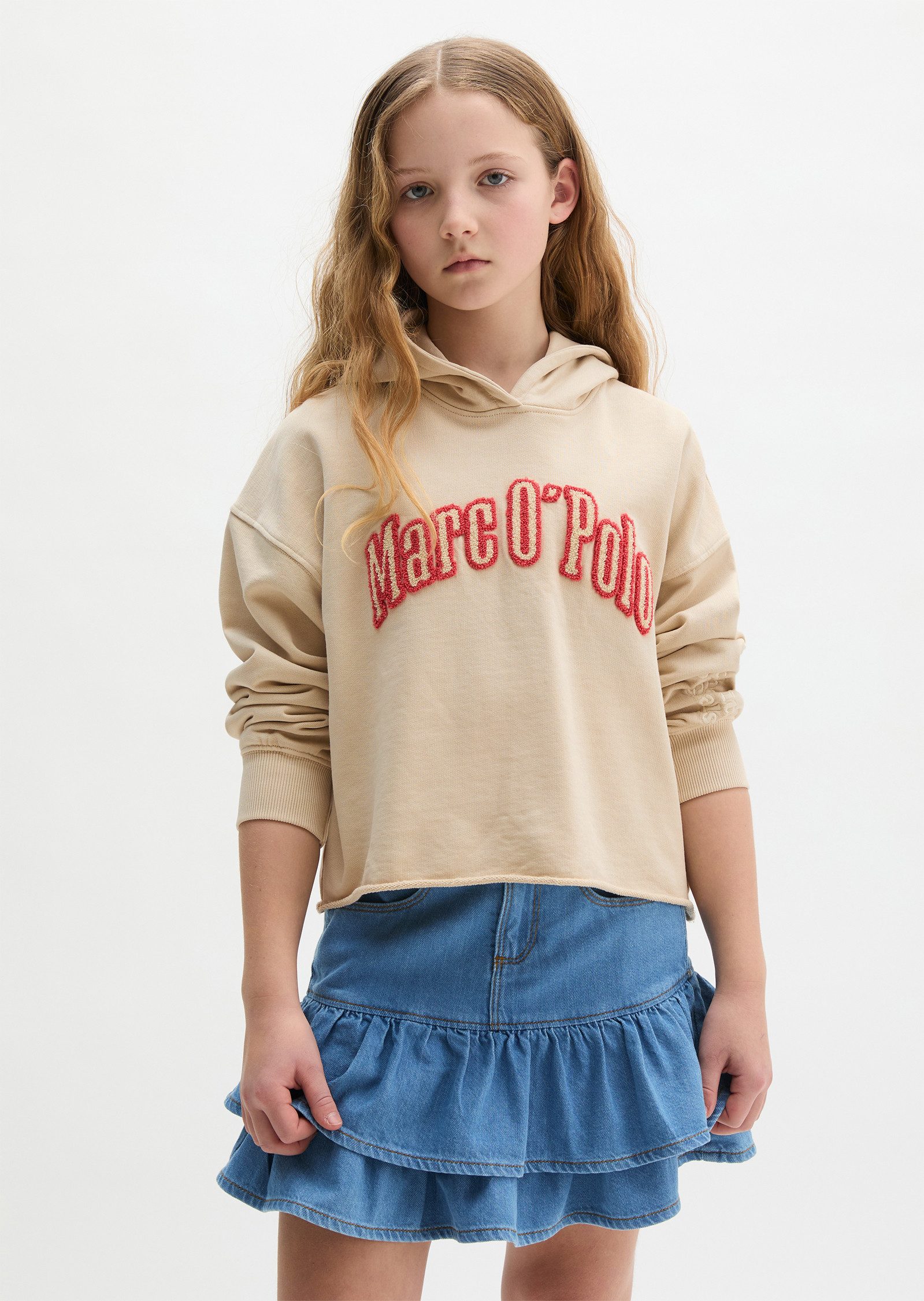 Marc O'Polo Junior Kapuzensweatshirt für Mädchen, verkürzte Länge mit Rollkante, lockere Passform