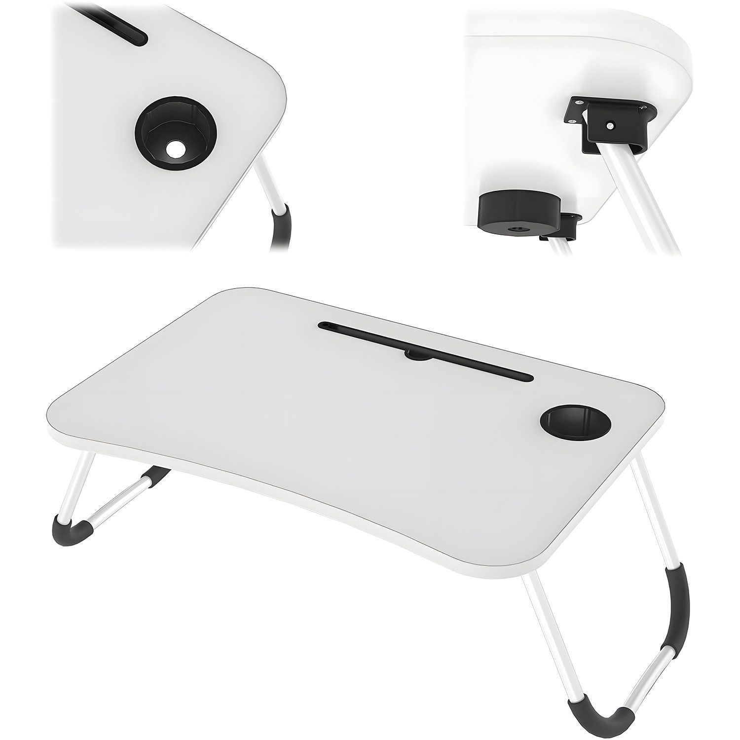 HEYHIPPO Laptoptisch Klappbarer Laptoptisch 60×40 cm,mit Getränkehalter & Tablet-Slot, weiß (Packung, Ergonomischer Betttisch, platzsparend, für Homeoffice, Lesen & Essen), Bett Tablett, für Laptops bis 17 Zoll, rutschfest, für Sofa & Bett