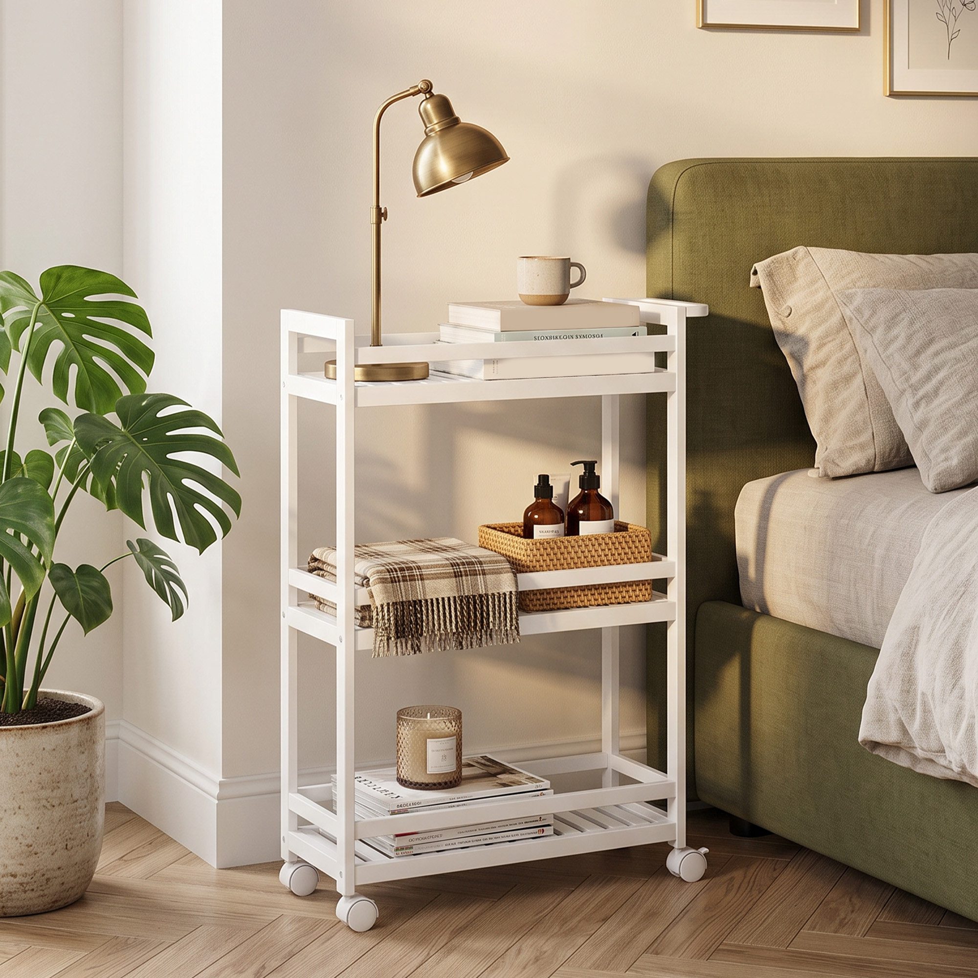 HOMCOM Servierwagen Bambus Küchenwagen für kleine Räume, (Aufbewahrungswagen, 1 St., Küchenwagen), für Büro, Wohnzimmer, Küche, 55 x 20 x 75 cm, Weiß