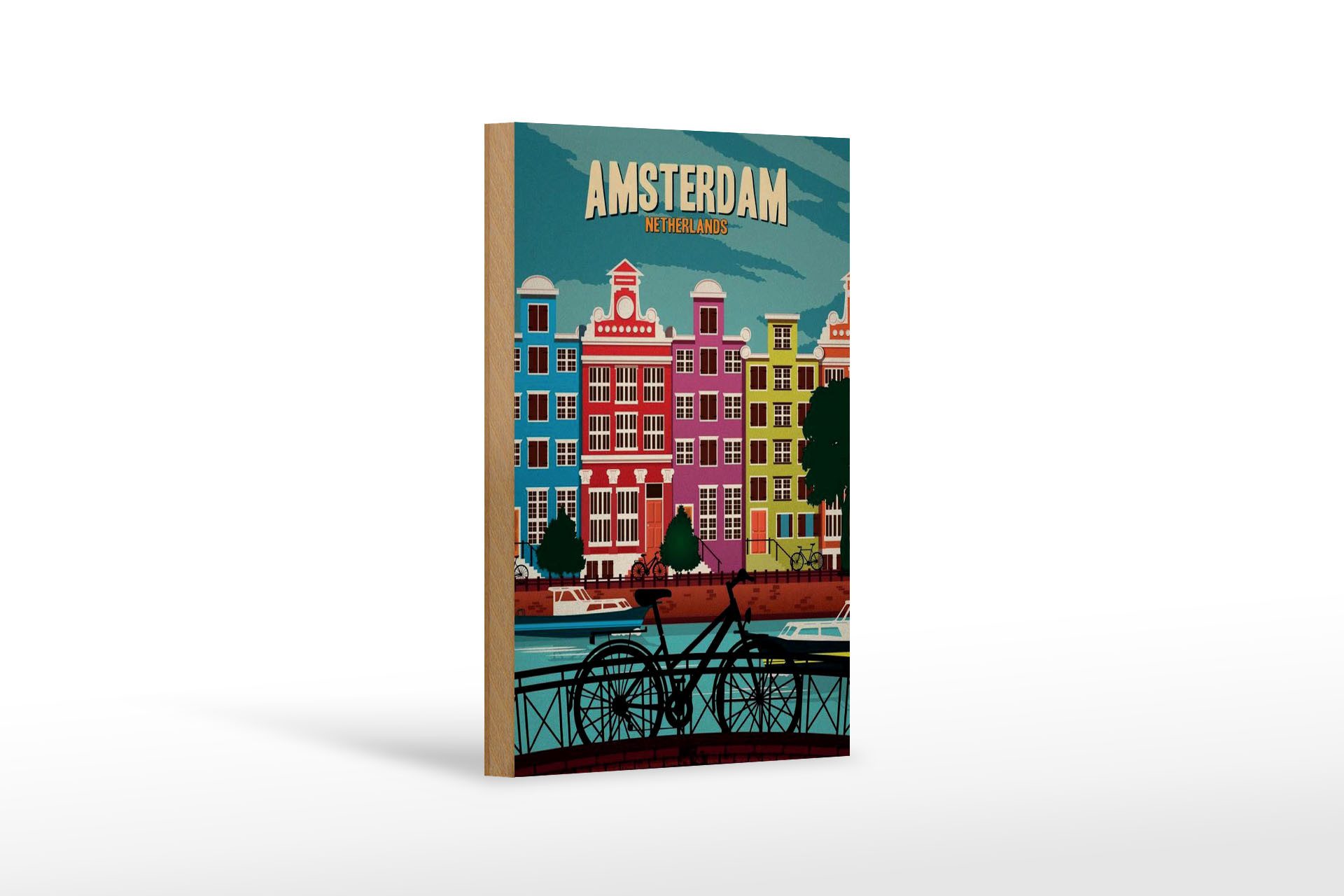 Femer GmbH Holzbild Reise 12x18 cm Amsterdam Niederlande Fahrräder Wasser, (1 St), Glatte Holzfaserplatte (MDF), vorn beschichtet