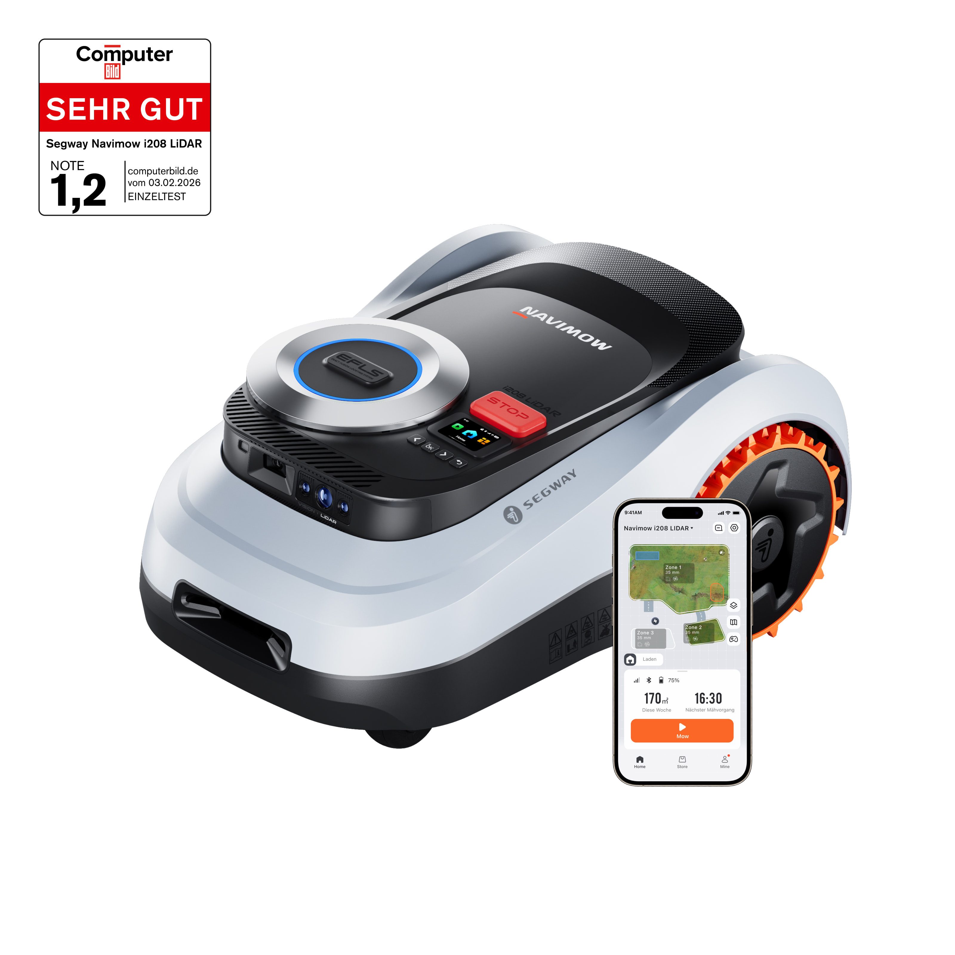 NAVIMOW Rasenmähroboter Segway i208/i215/i220 LiDAR Mähroboter ohne Begrenzungskabel, bis 800 m² Rasenfläche, (1-St., Geländereifen für Hänge bis 45 % Neigung, LiDAR und Vision Dual System), Automatisches Ein-Tipp-Kartieren, Ohne Drähte oder Antenne