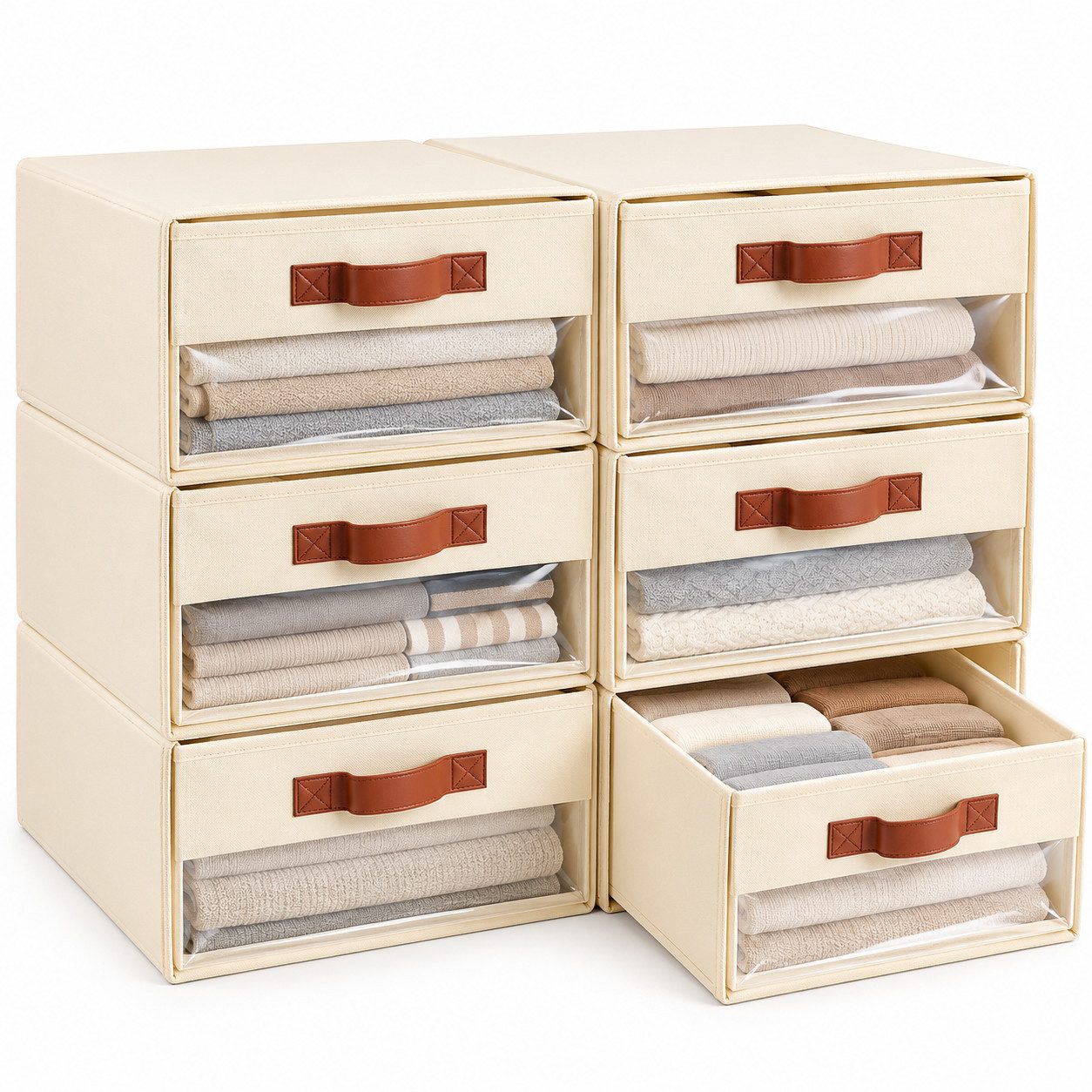 LEMLIT Aufbewahrungskorb 3 Stück Schubladen Kleiderschrank Organizer Faltboxen mit Fenster (6 Stück, 6 St., 40 cm x 32 cm x 17 cm), faltbar und stapelbar, mit Sichtfenster für Kleiderschrank