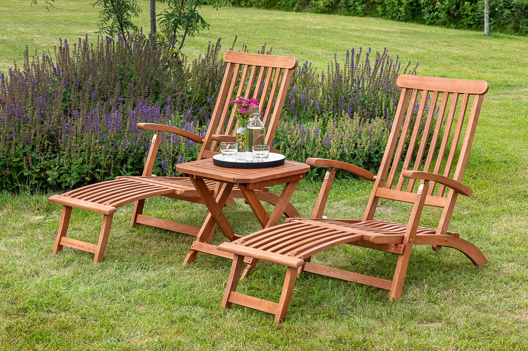 MERXX Gartensessel Deckchair (Set, 3-St., 2x Sessel, 1x Klapphocker), inkl. 1x Klapphocker