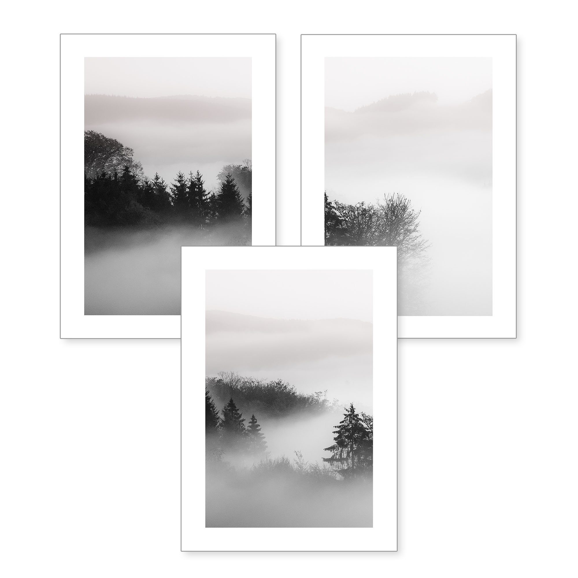 Kreative Feder Poster, Landschaft, Natur, Wald, Nebel, schwarz-weiß (Set, 3 günstig online kaufen