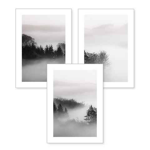 Kreative Feder Poster, Landschaft, Natur, Wald, Nebel, schwarz-weiß (Set, 3 St), 3-teiliges Poster-Set, Kunstdruck, Wandbild, optional mit Rahmen, wahlw. in DIN A4 / A3, 3-WP050