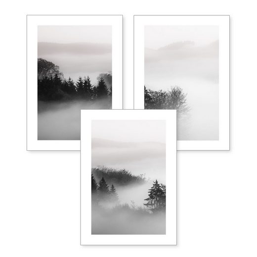 Kreative Feder Poster, Landschaft, Natur, Wald, Nebel, schwarz-weiß (Set, 3 Stück), 3-teiliges Poster-Set, Kunstdruck, Wandbild, optional mit Rahmen, wahlw. in DIN A4 / A3, 3-WP050