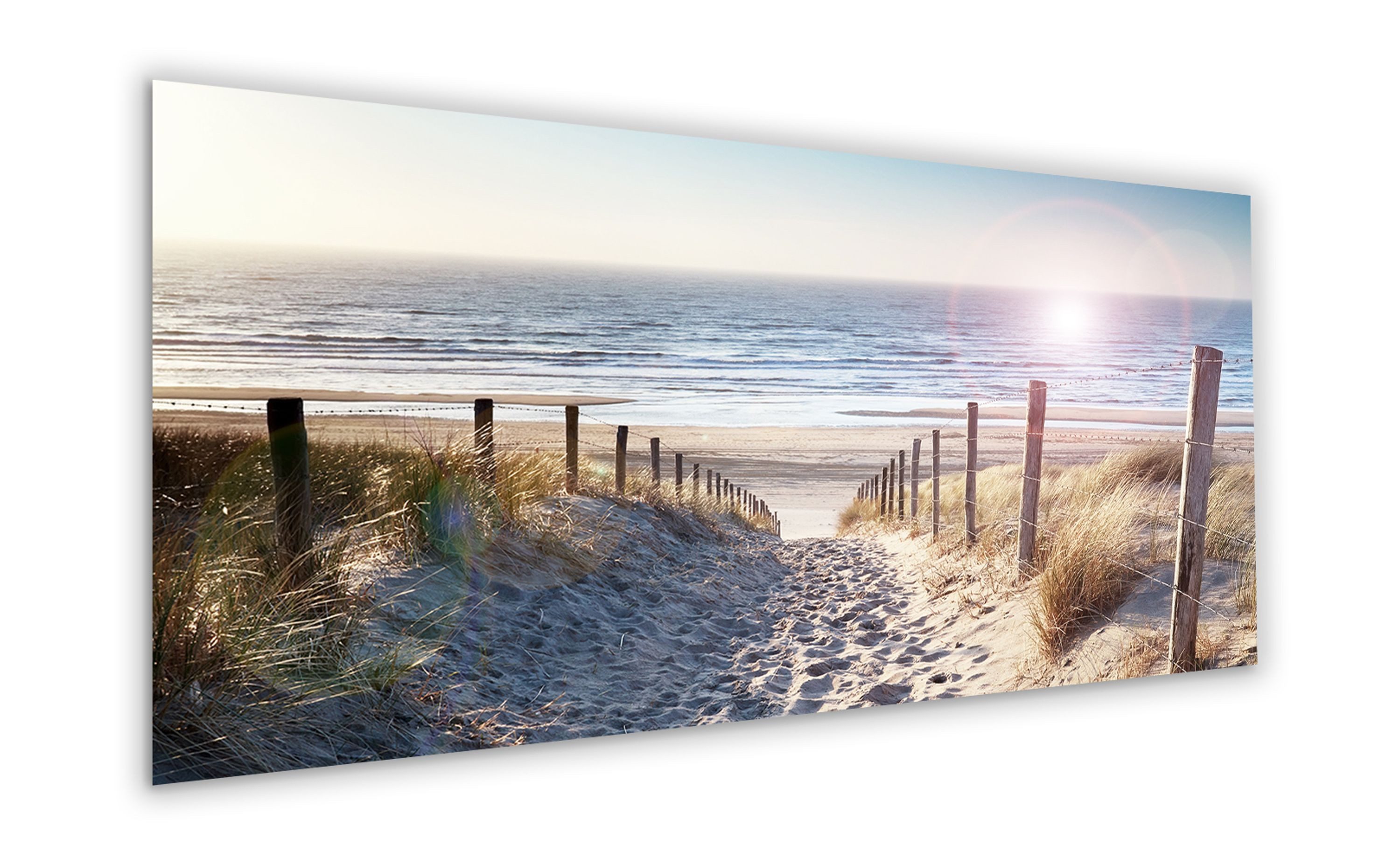 artissimo Glasbild XXL Bild aus Glas 125x50 cm / Panorama Wandbild groß / Wanddeko modern, Strand und Meer: Weg durch Dünen zum Meer