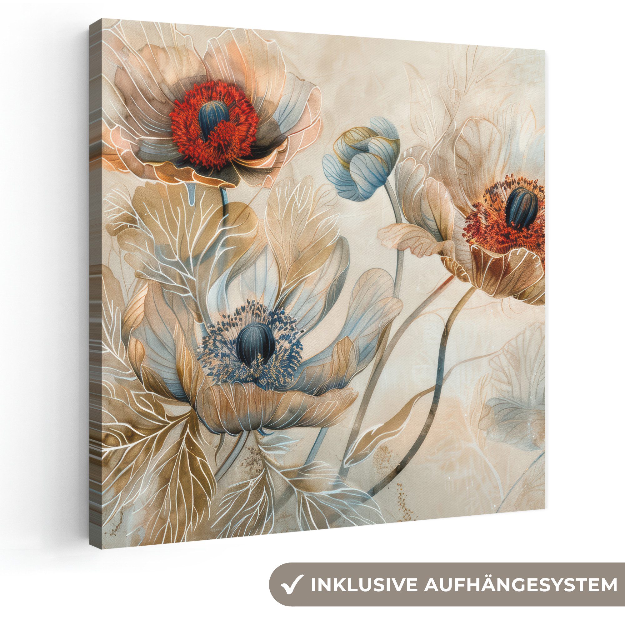 OneMillionCanvasses® Leinwandbild Blumen - Beige - Modern - Illustration, Fotodruck (1 St), Wandbild, Deko Schlafzimmer Wohnzimmer Flur 20x20 cm