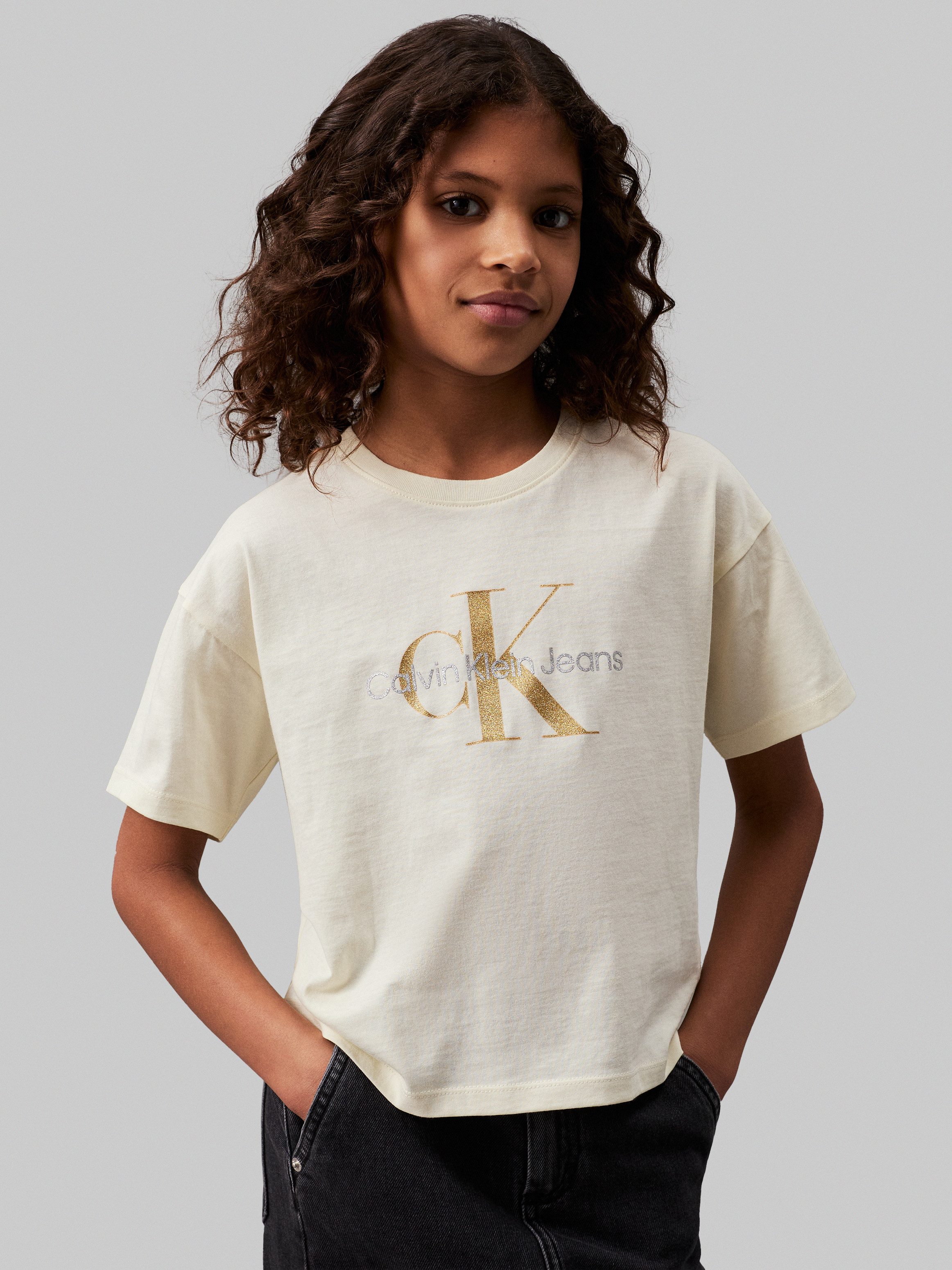 Calvin Klein Jeans T-Shirt GLITTER MONOGRAM BOXY SS T-SHIRT für Kinder bis 16 Jahre mit glitzerndem Markenlabel
