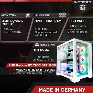 SYSTEMTREFF Gaming-PC (AMD Ryzen 5 7600X, Radeon RX 7900 GRE, 32 GB RAM, 1000 GB SSD, Luftkühlung, Windows 11, WLAN)