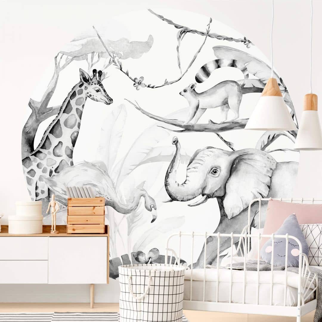 K&L Wall Art Fototapete Fototapete Kvilis Dschungel Tiere Waldtiere Vliestapete Rund Tapete, Safari Tapete