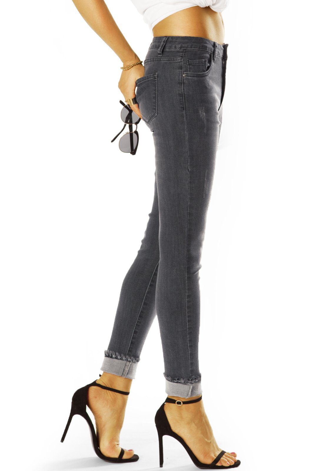 be styled Destroyed-Jeans Medium Waist Slim Fit Röhrenjeans Skinny Stretch Hose - Damen - j21L-2 ausgefranster Saum – Bild 4 von 5