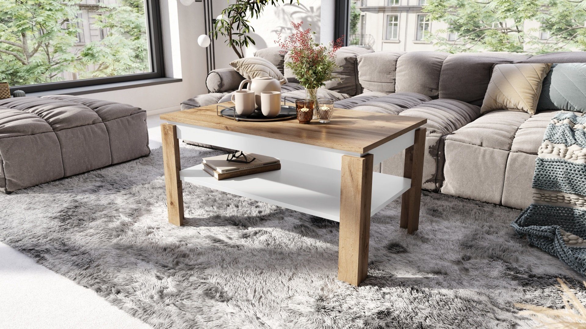designimpex Couchtisch Design Couchtisch Tisch Asti-R ausziehbar mit Ablagefläche Esstisch Eiche Wotan - Weiß matt