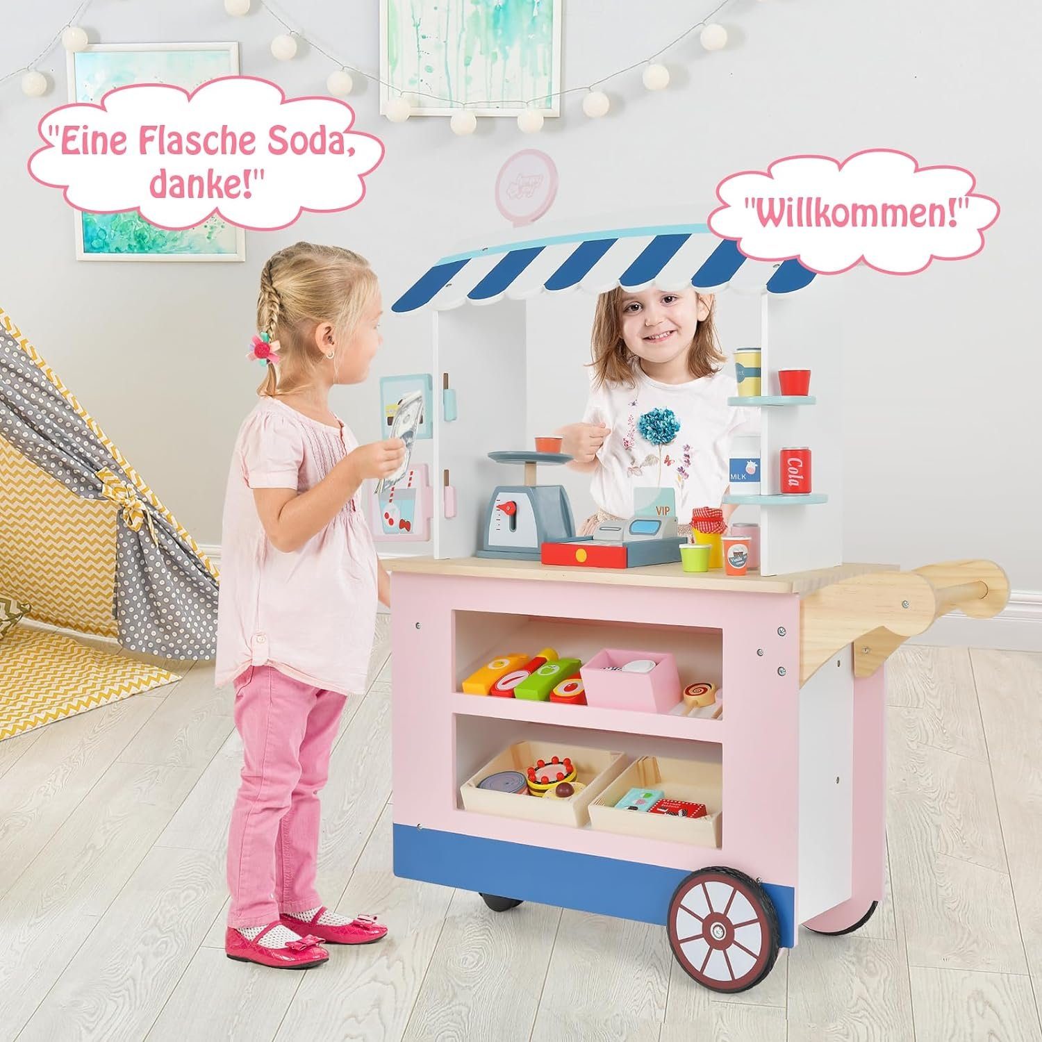 KOMFOTTEU Kaufladen Kinder, Eiswagen mit Baldachin, für Kinder ab 3 Jahren