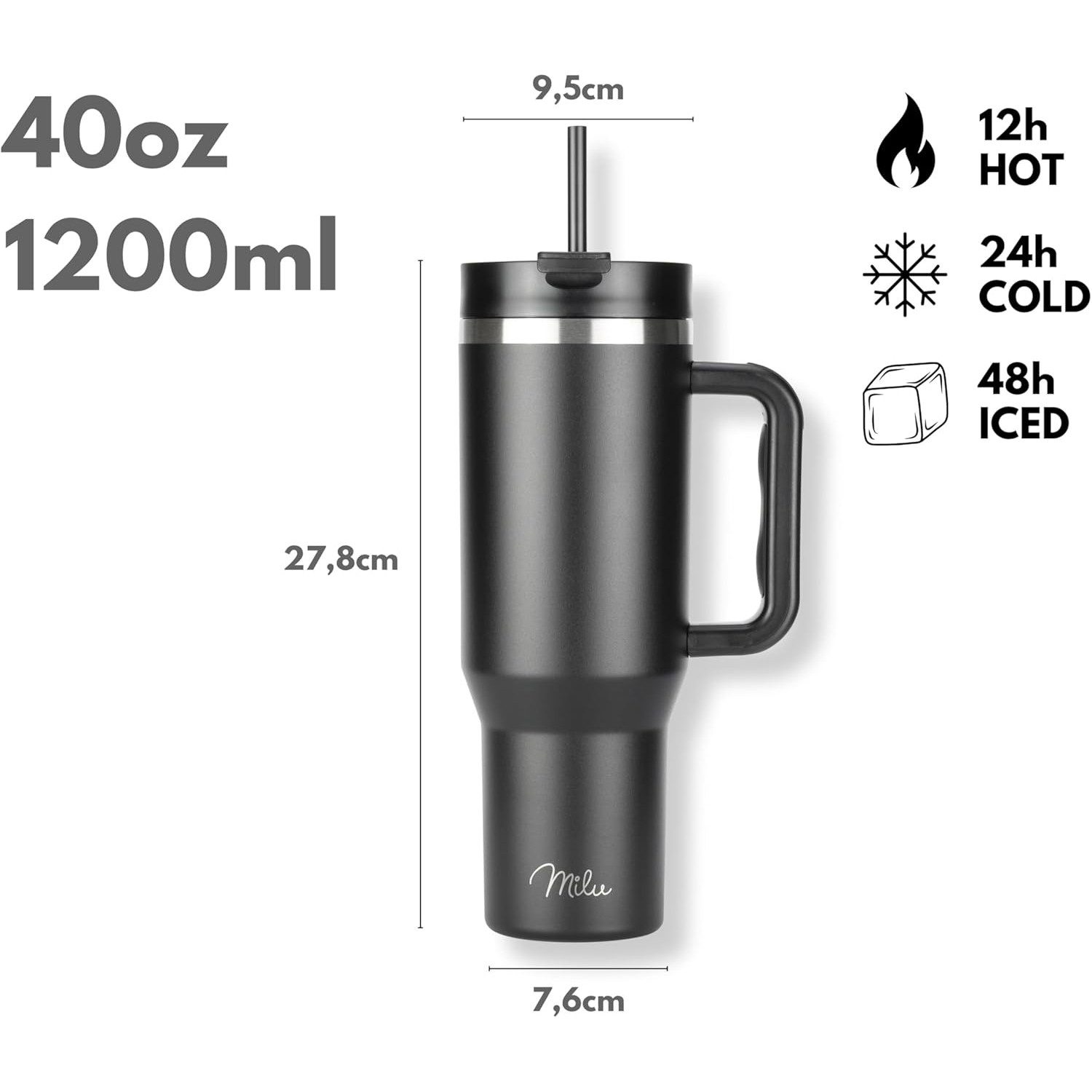 Milu Thermobecher Edelstahl Tumbler To Go 1200 ml, mit Strohhalm und Henkel
