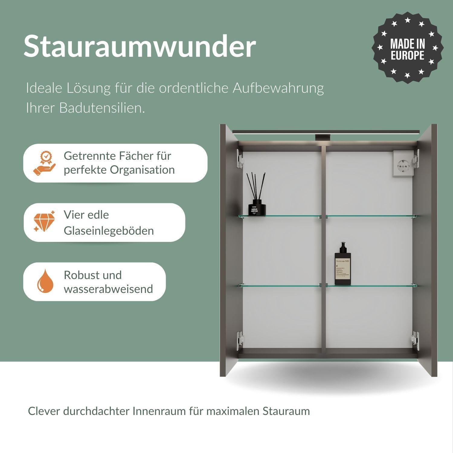 Planetmöbel Spiegelschrank ARIA Badschrank 70 cm mit Beleuchtung & Steckdose (Spiegelschrank Bad mit Beleuchtung 70 x 70 x 16 cm, 3-St., Badspiegelschrank 2-türig) Steckdose für Elektrogeräte, LED-Aufbauleuchte 60cm