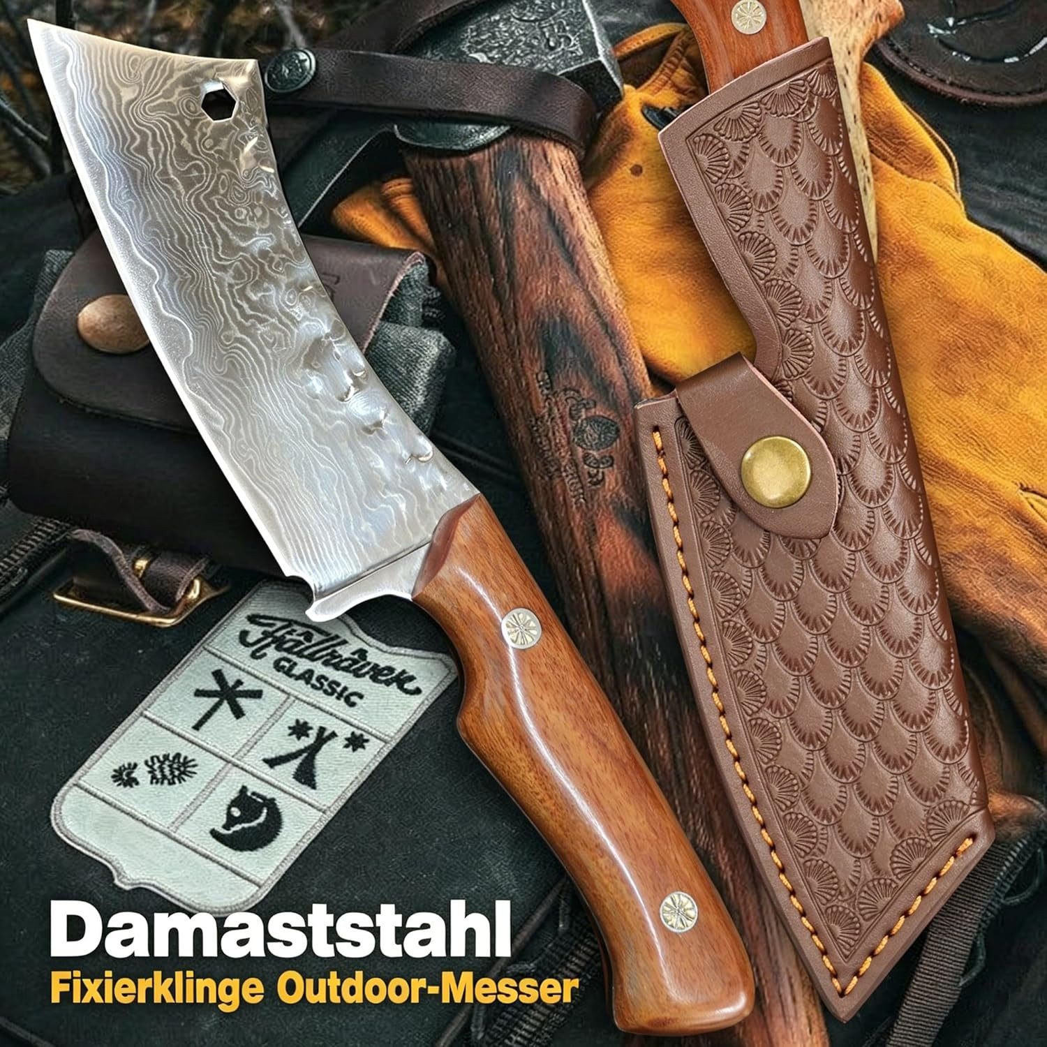 KingLux Damastmesser Jagdmesser Damast Feststehend Outdoor Messer VG10 Campingmesser
