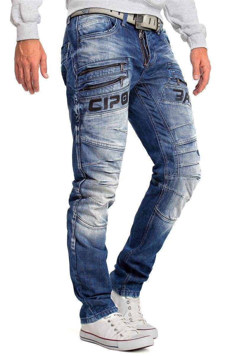 Cipo & Baxx Regular-fit-Jeans Herren Regular Fit Hose Stonewashed BA-CD491 (1-tlg) mit Kontrastnähten in Orange/Weiß – Bild 4 von 5