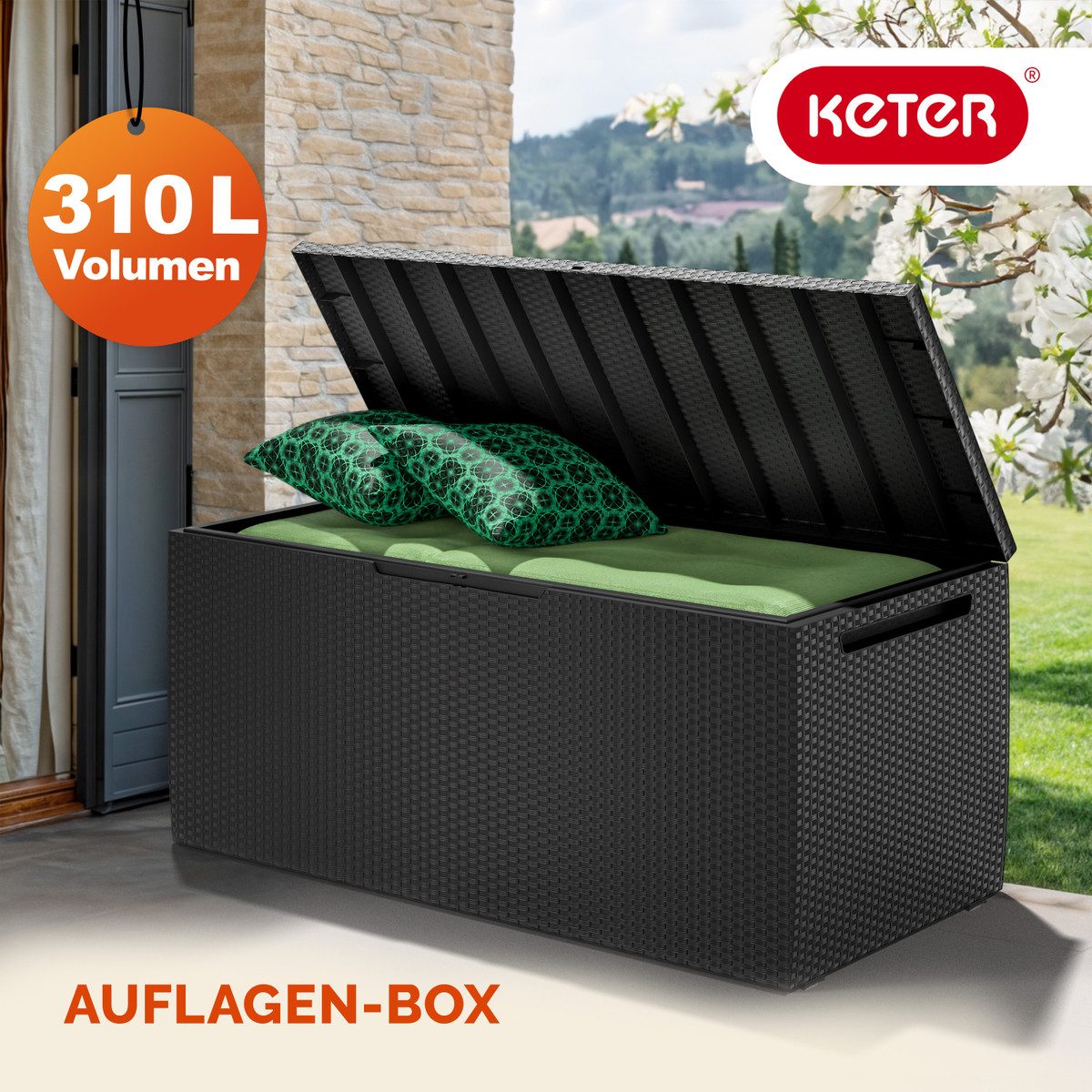 Thumbnail - Deuba Auflagenbox, 310L Haltegriffe Rollen Balkon Wohnzimmer Rattan-Optik Anthrazit