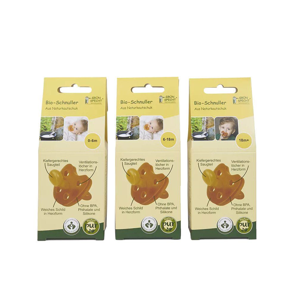 GRÜNSPECHT Schnuller BIO Schnuller 6-18 Mo Naturkautschuk für Kleinkinder Beruhigungssauger, BIO