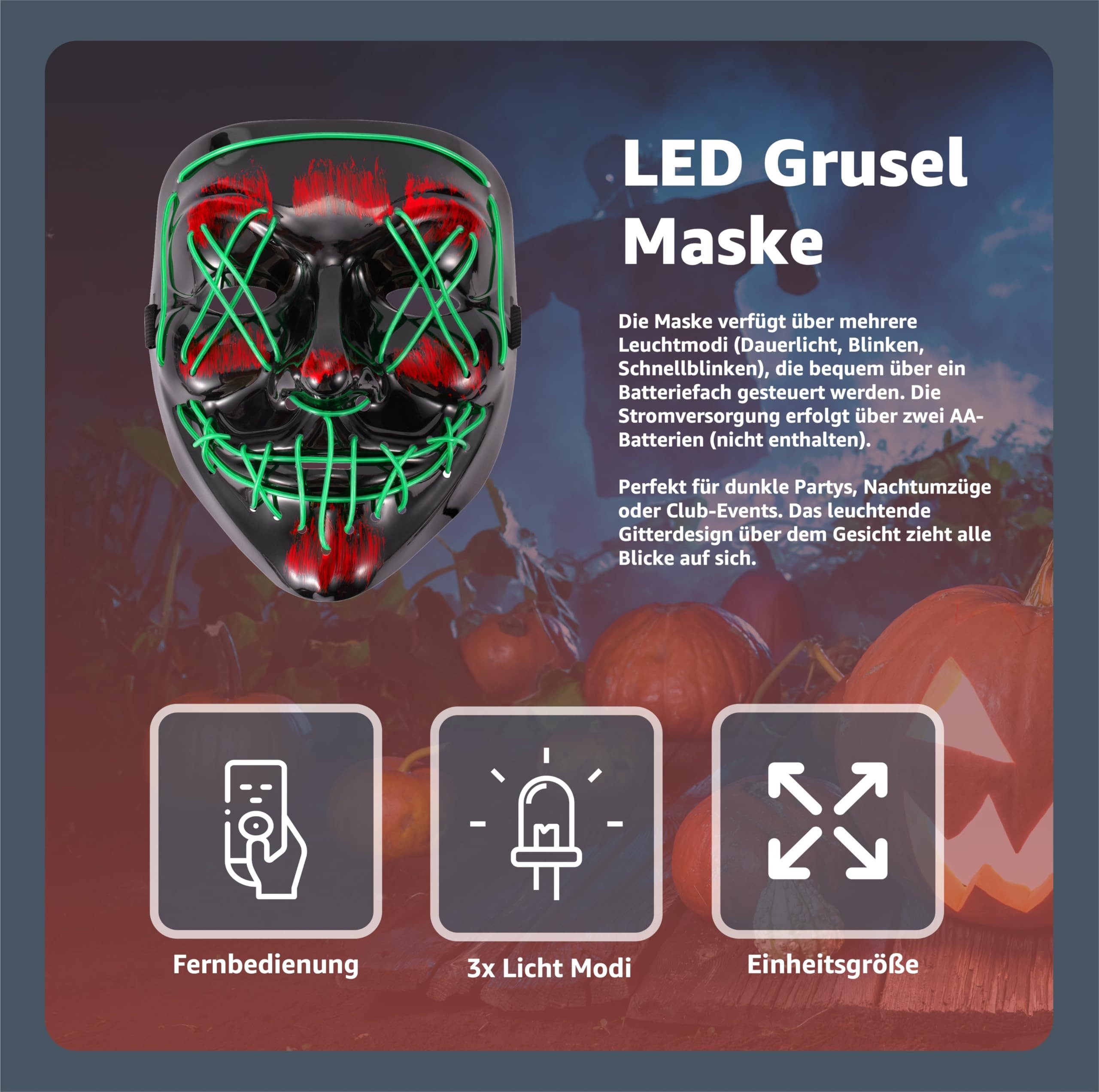 TK Gruppe Verkleidungsmaske LED Horror Maske inspiriert von Purge – mit 3 Leuchtmodi, (Packung), Steubar - drei Lichteffekten