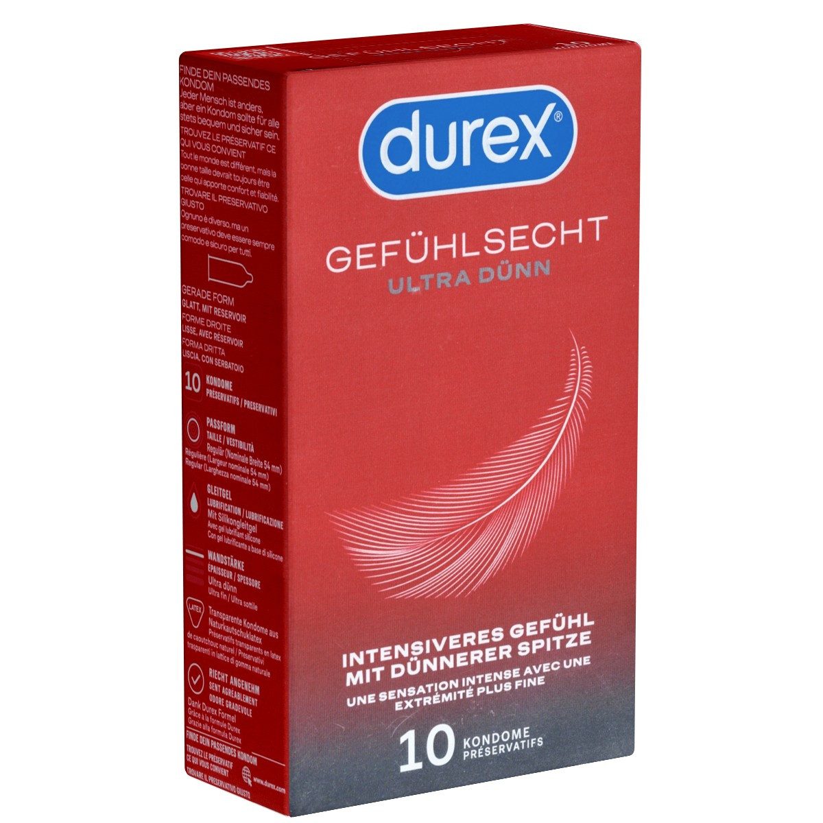 durex Kondome Gefühlsecht Ultra Packung mit, 10 St., hauchzarte Markenkondome mit 20% dünnerer Spitze