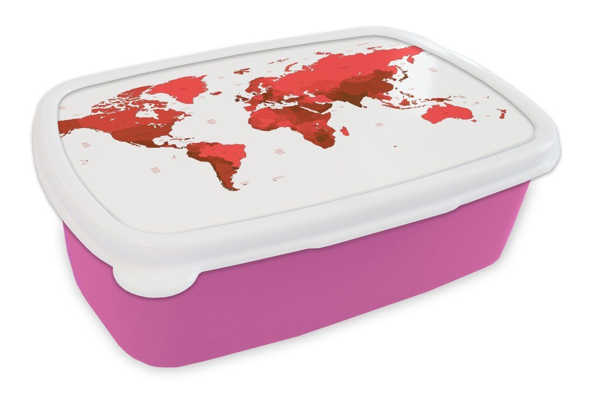 MuchoWow Lunchbox Weltkarte - Rot - Einfach, Kunststoff, (2-tlg), Brotbox für Erwachsene, Brotdose Kinder, Snackbox, Mädchen, Kunststoff rosa
