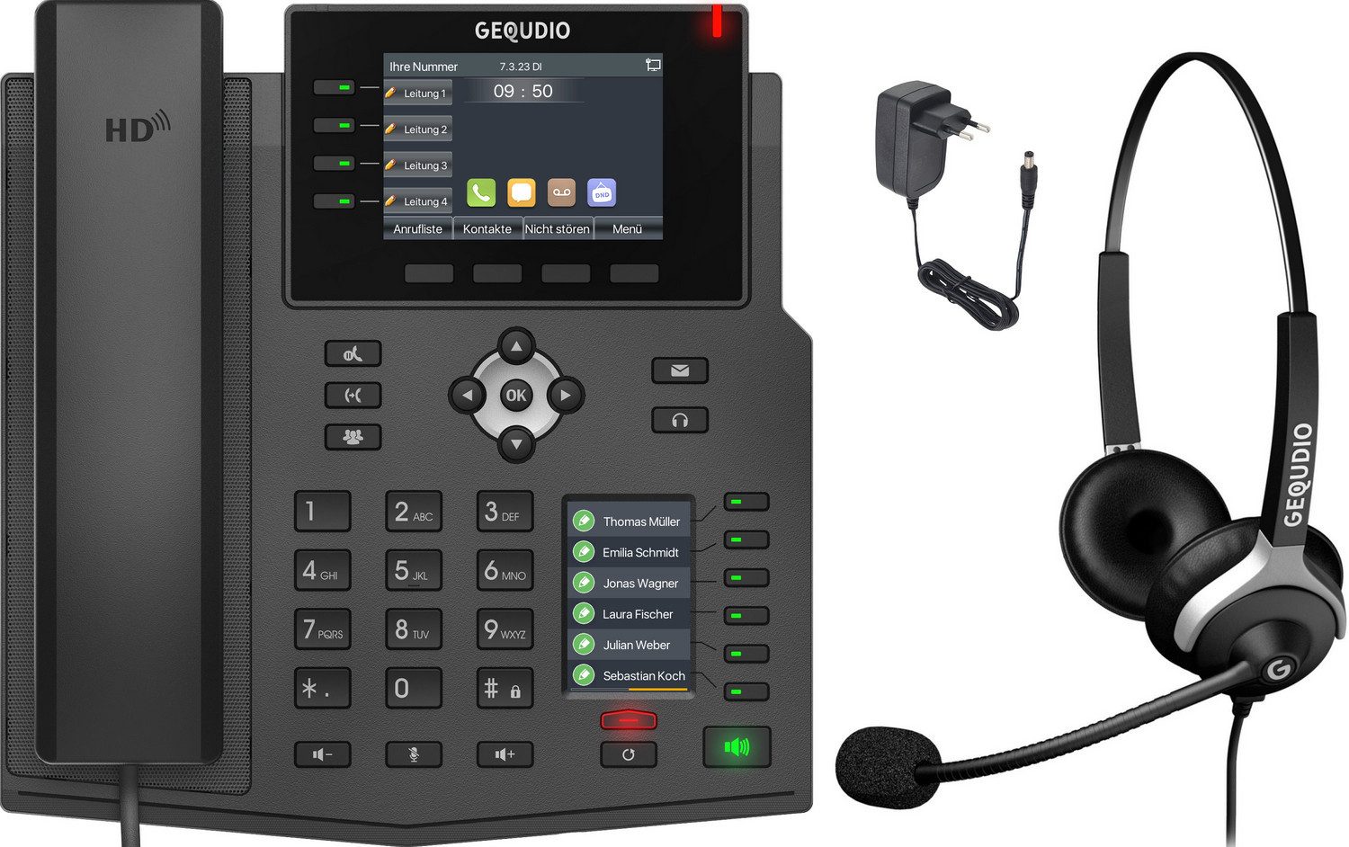 GEQUDIO Kabelgebundenes Telefon (IP Tischtelefon mit Netzteil & Headset / 2x Farb-Display / HD Audio)