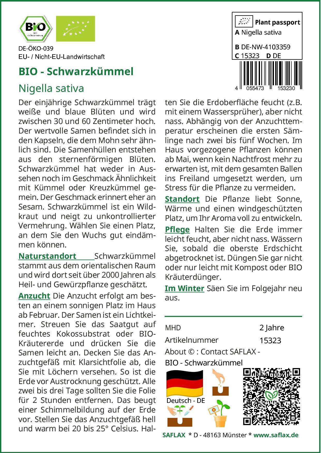 SAFLAX Kräutersamen SAFLAX - Samen - BIO - Schwarzkümmel
