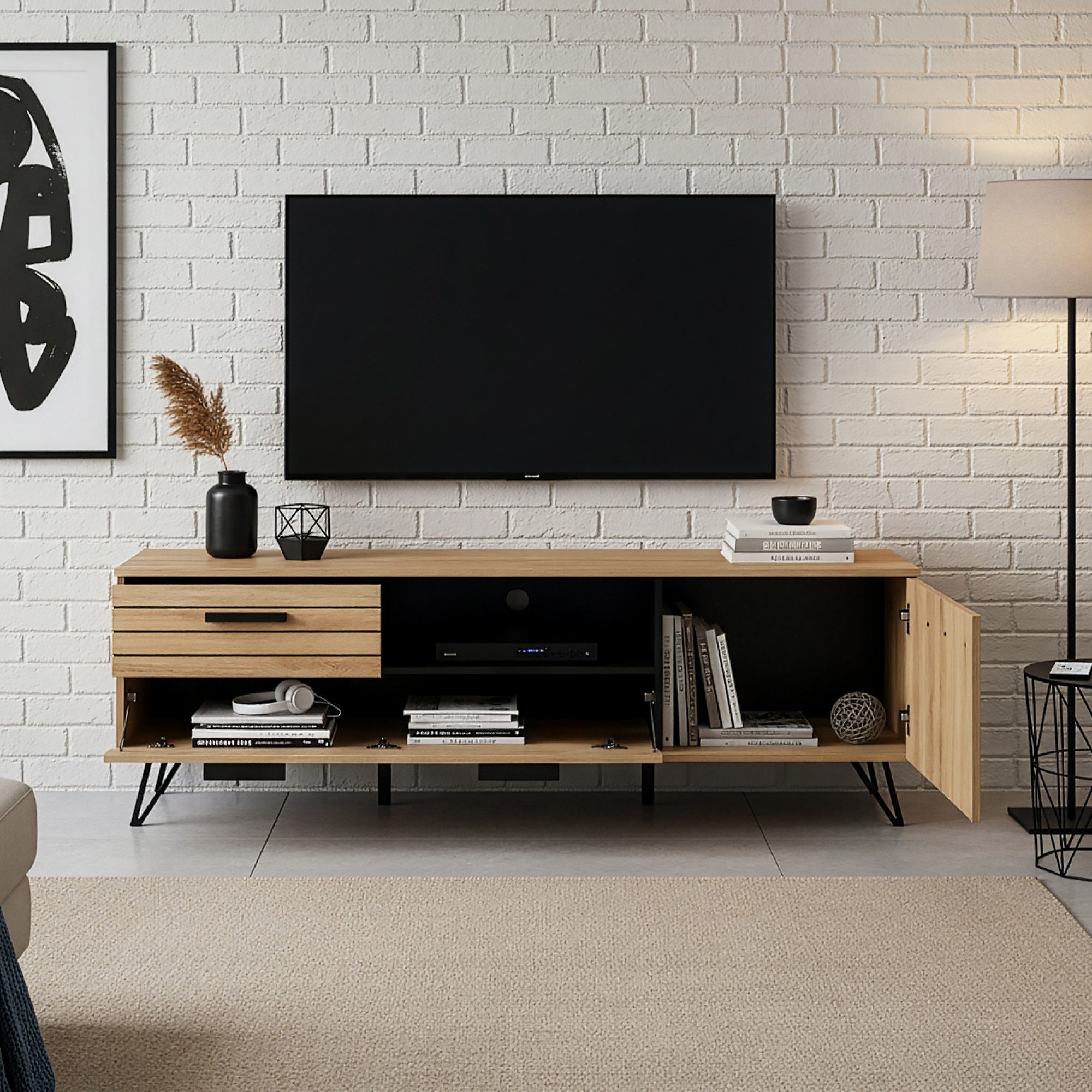 en.casa TV-Schrank »Noppen« mit Tür 150 x 38 x 49 cm Eicheoptik günstig online kaufen