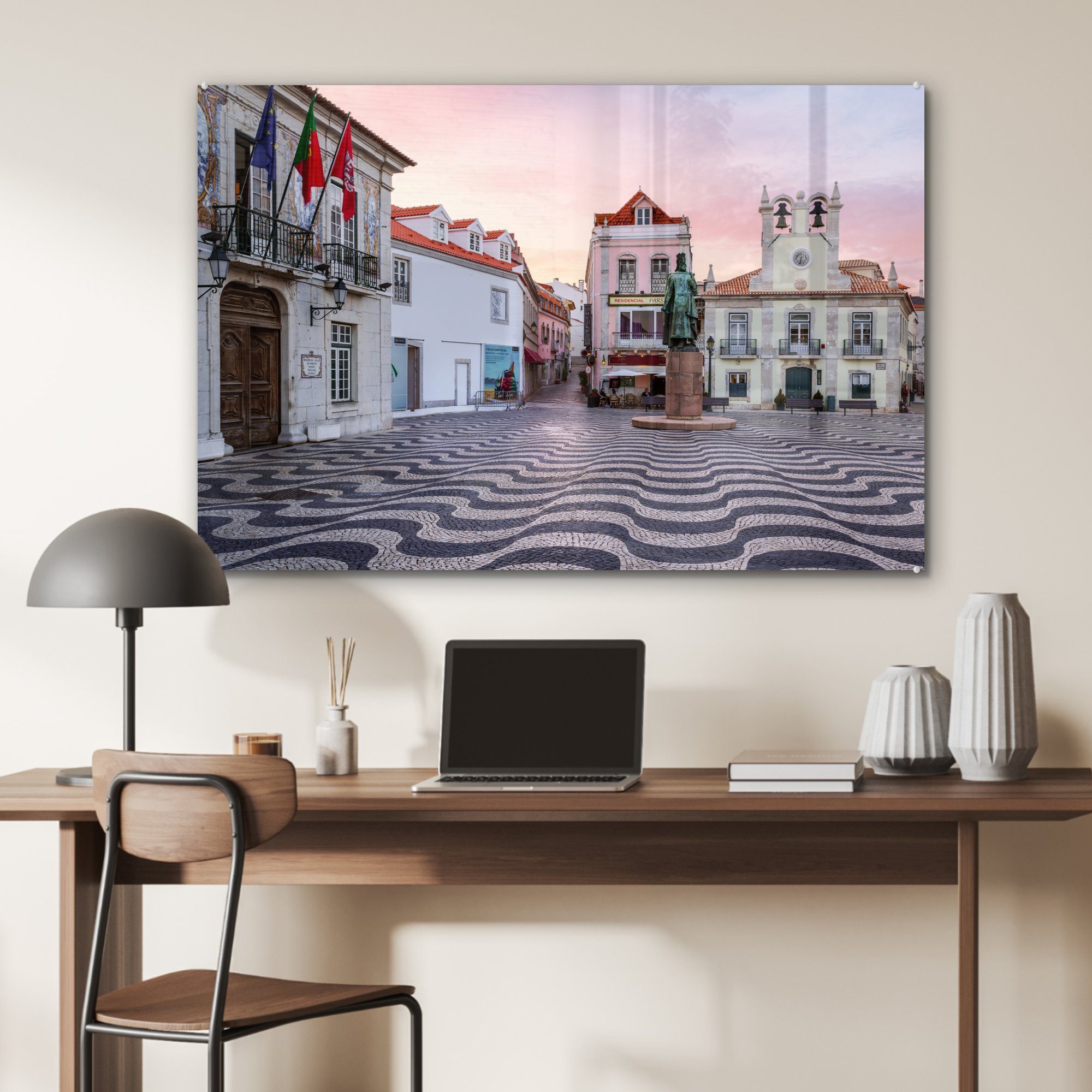Sonnenuntergang, - MuchoWow Wohnzimmer St), Acrylglasbilder & Schlafzimmer Acrylglasbild Stadtplatz Lissabon (1 -
