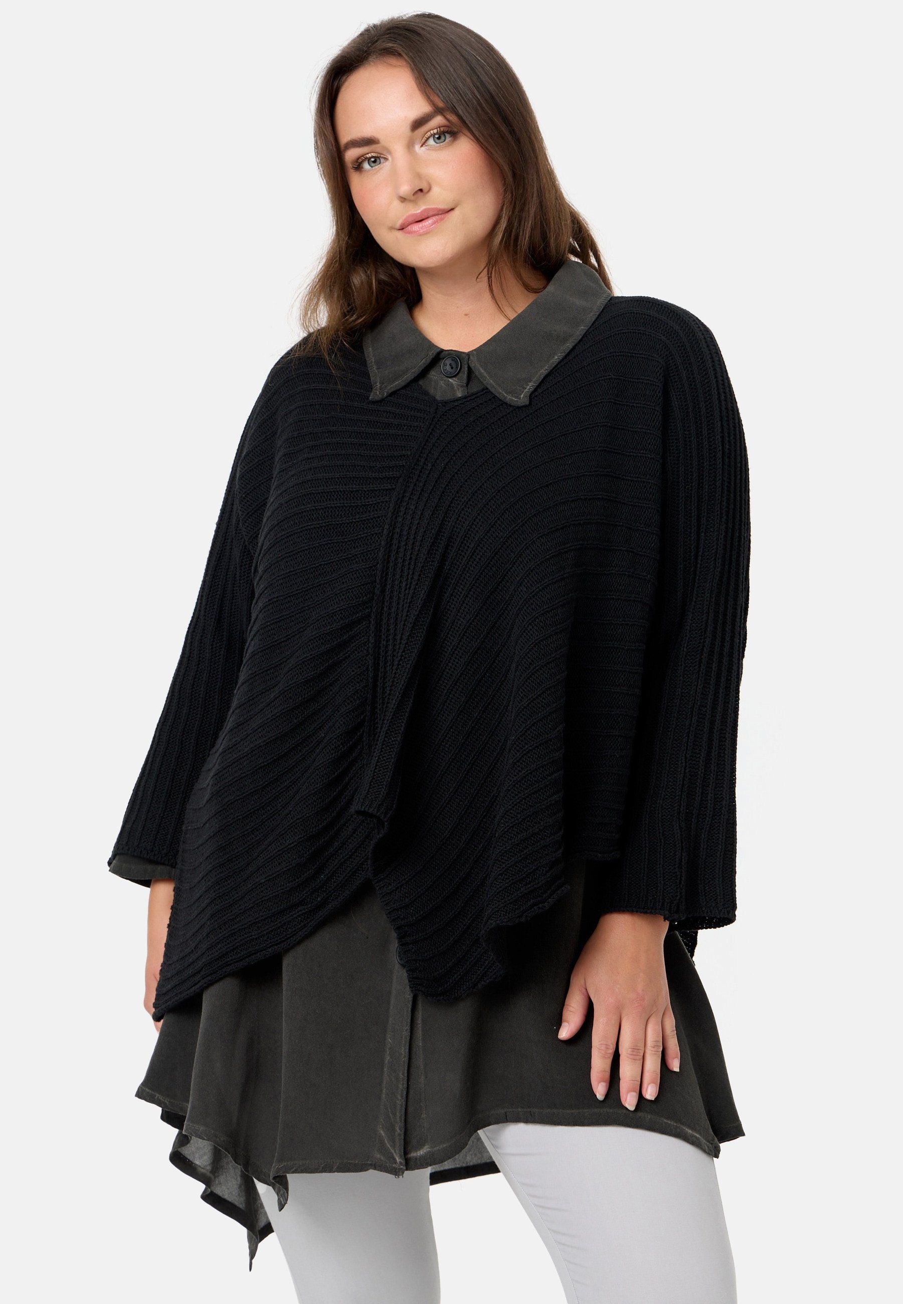 Kekoo Strickpullover Strickshirt im asymmetrischem Stil aus 100% Baumwolle 'Pure' Schwarz